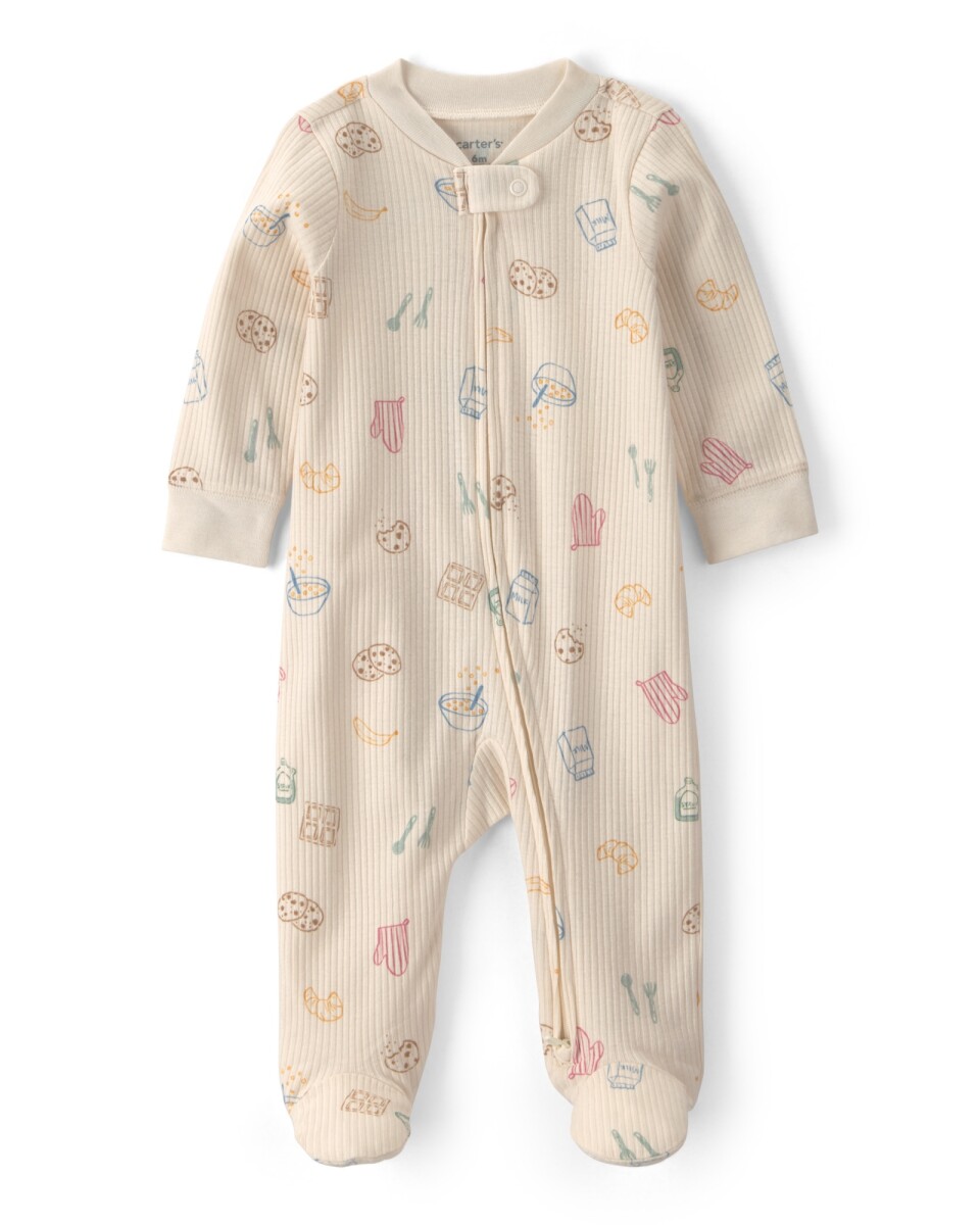 Pijama una pieza de algodón, con pie, crema, diseño desayuno 