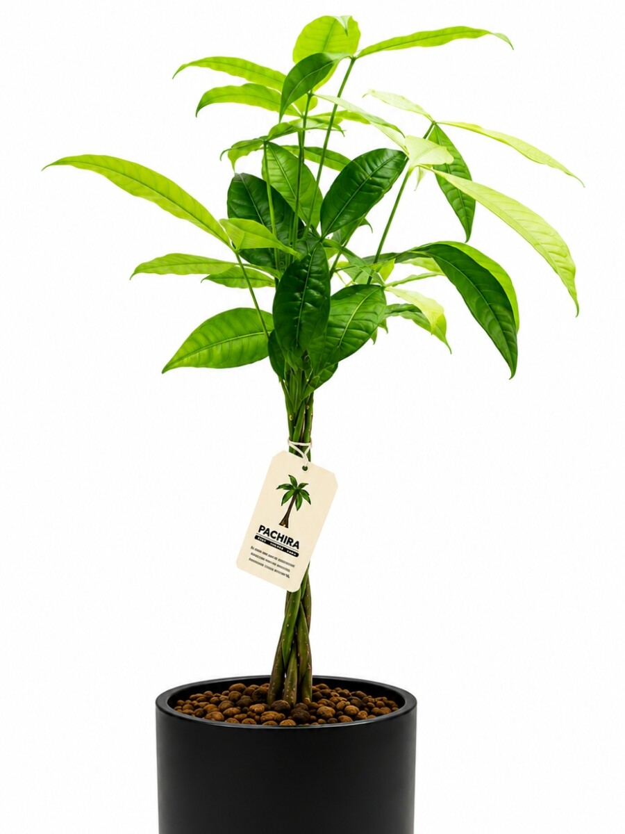MONEY TREE (PACHIRA AQUATICA)EN MACETA CERAMICA NEGRA