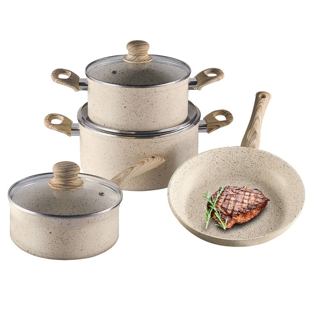 Juego Batería Cocina 7 Pzas Antiadherente Símil Marmol Beige - Beige 