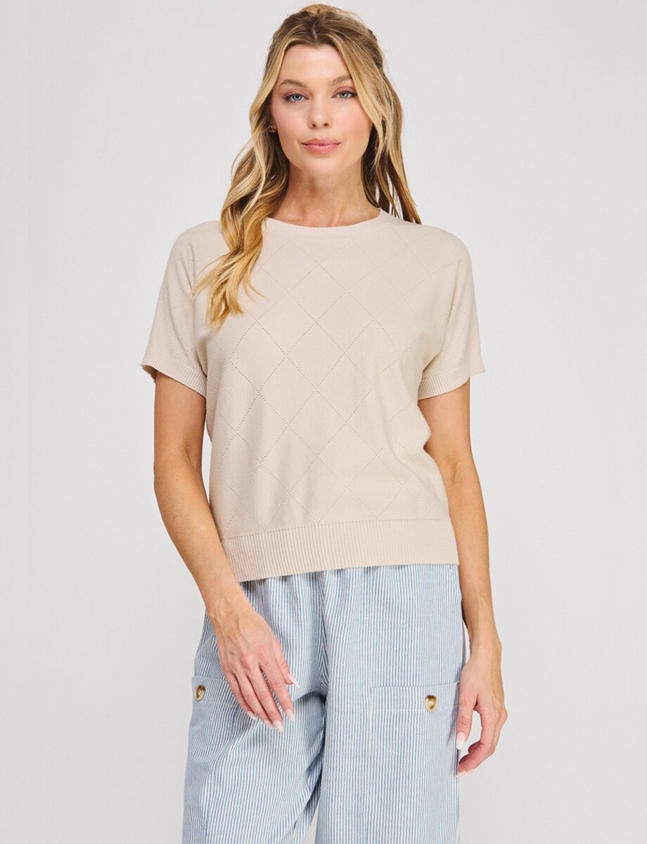 Buzo Tejido Fino Manga Corta Calado Rombos - Beige 