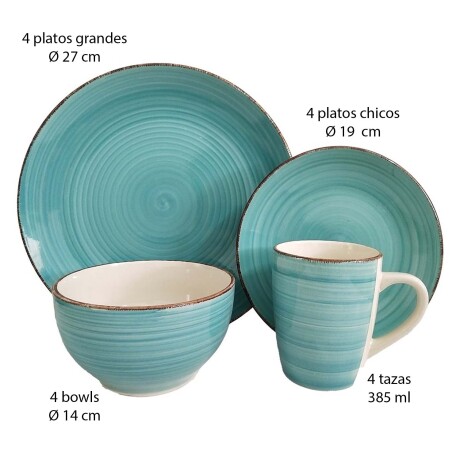 Juego Vajilla en Cerámica 16 Piezas Platos Bowls Tazas 385ml Celeste