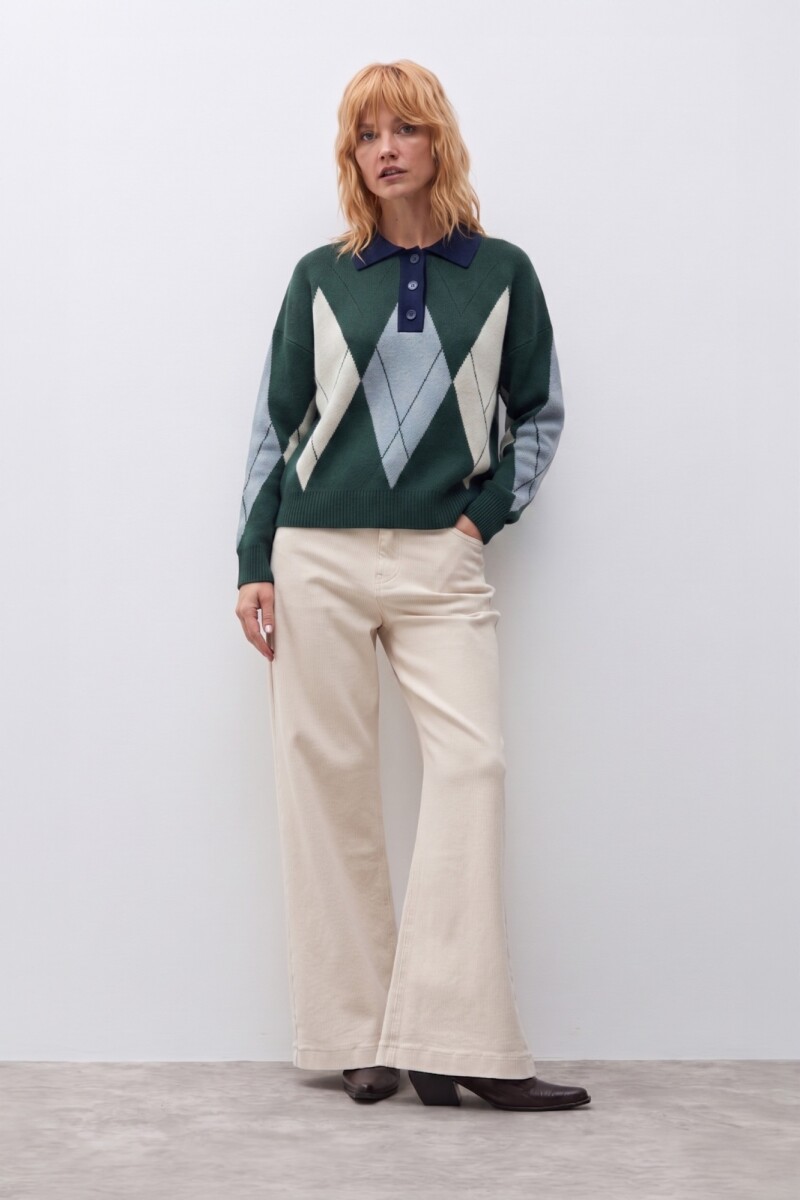 Sweater rombos cuello polo verde ingles