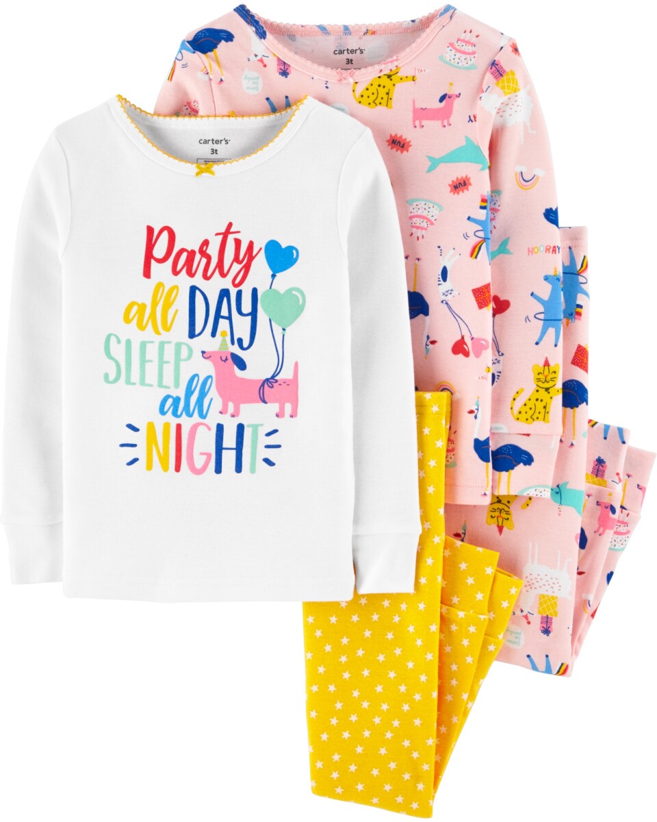 Pijama cuatro piezas dos remeras manga larga y dos pantalones animales de fiesta algodón 