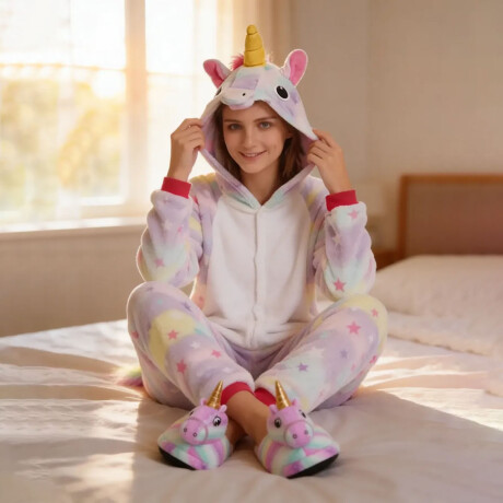 Set p/Adultos Diseño Unicornio con Pijama Entero + Pantuflas Multicolor
