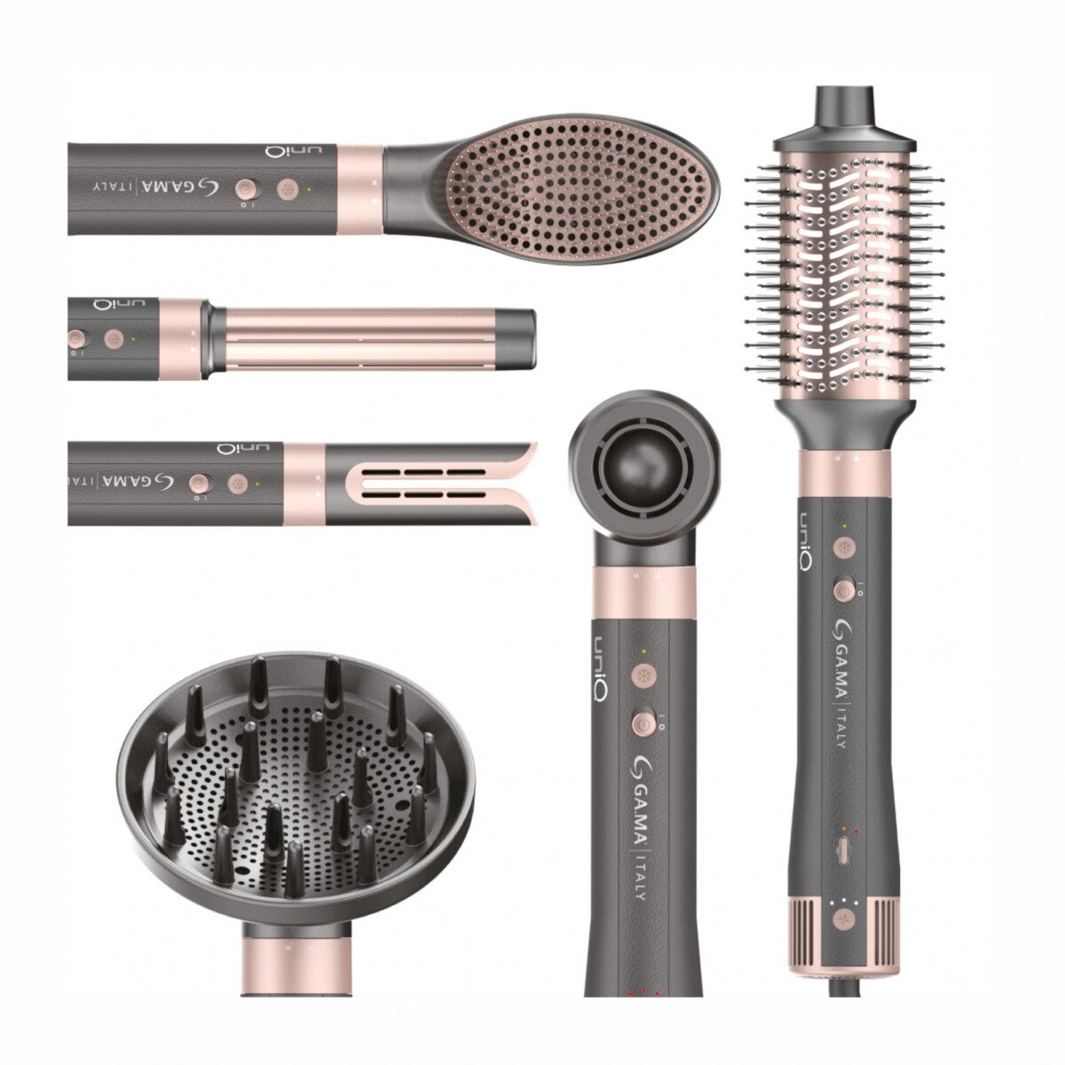 Cepillo Secador Modelador GAMA Uniq Multistyler Vibrance 8 En 1 Con Accesorios 