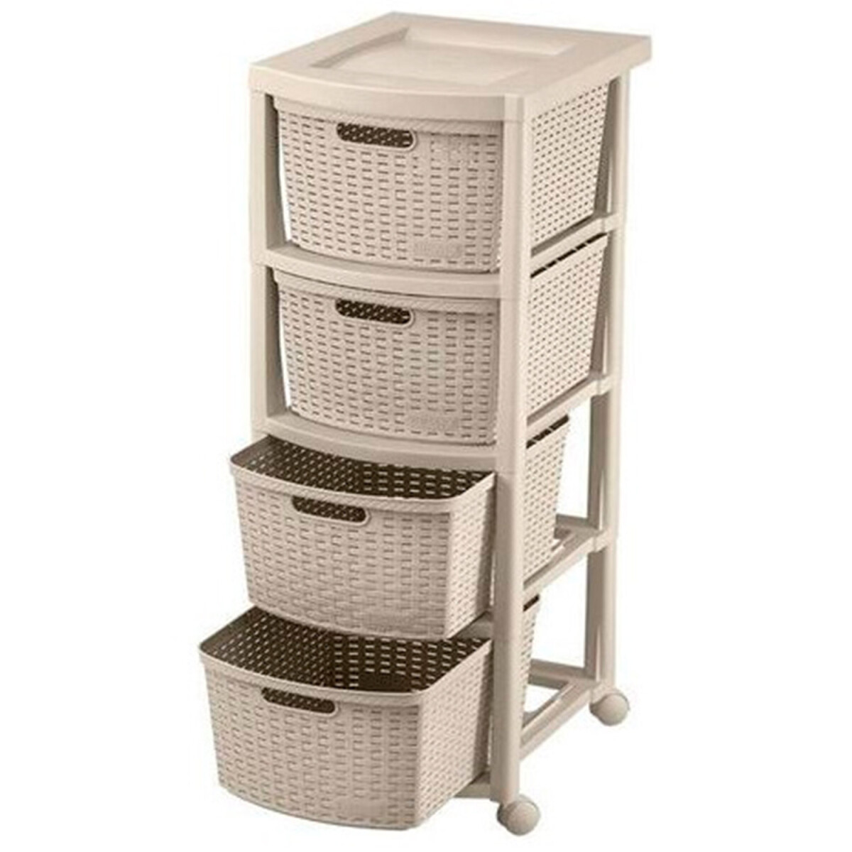 Cajonero de plástico Rimax estilo Rattán con 4 cajones, estante superior y rueditas - Taupe 