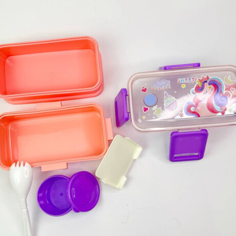 Vianda doble piso con cubiertos, division y tapa Rosado