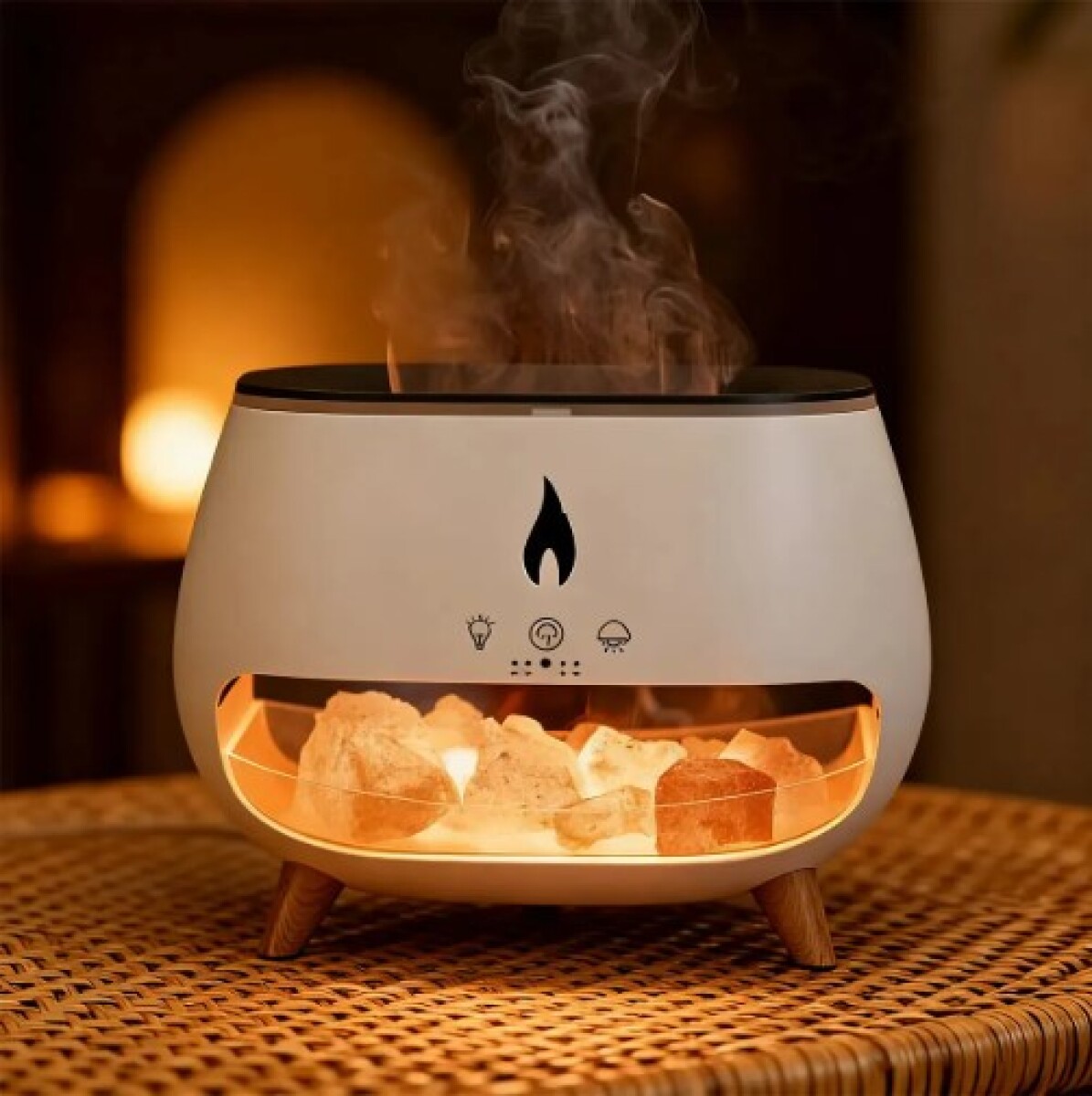 Difusor de Aromas Ultrasónico con Piedras de Sal de Himalaya y Efecto Llama LED - Blanco 