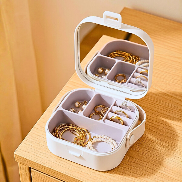 Mini Joyero Organizador Alhajero 9 X 9cm C/ Espejo Asa Blanco