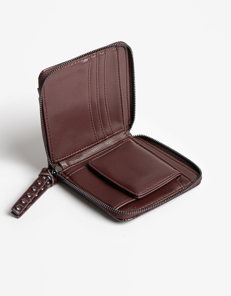 Billetera Zip Round Billetera Efecto Satinado - Rojo Burdeaux