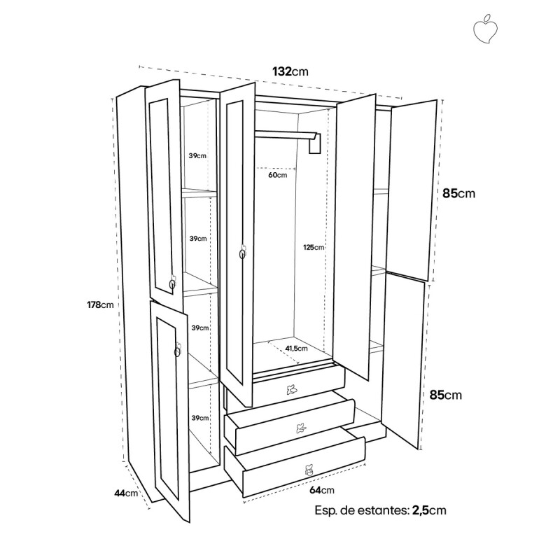 Ropero Madera Pino Macizo 6 Puertas Placard - Nogal Ropero Madera Pino Macizo 6 Puertas Placard - Nogal