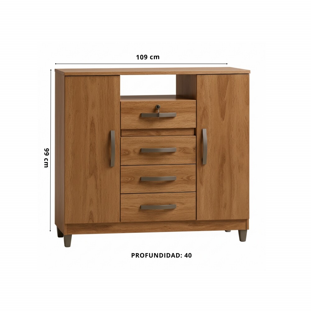 CÓMODA CAJONERA GUARDARROPA 4 CAJONES 2 PUERTAS CON LLAVE MARRÓN