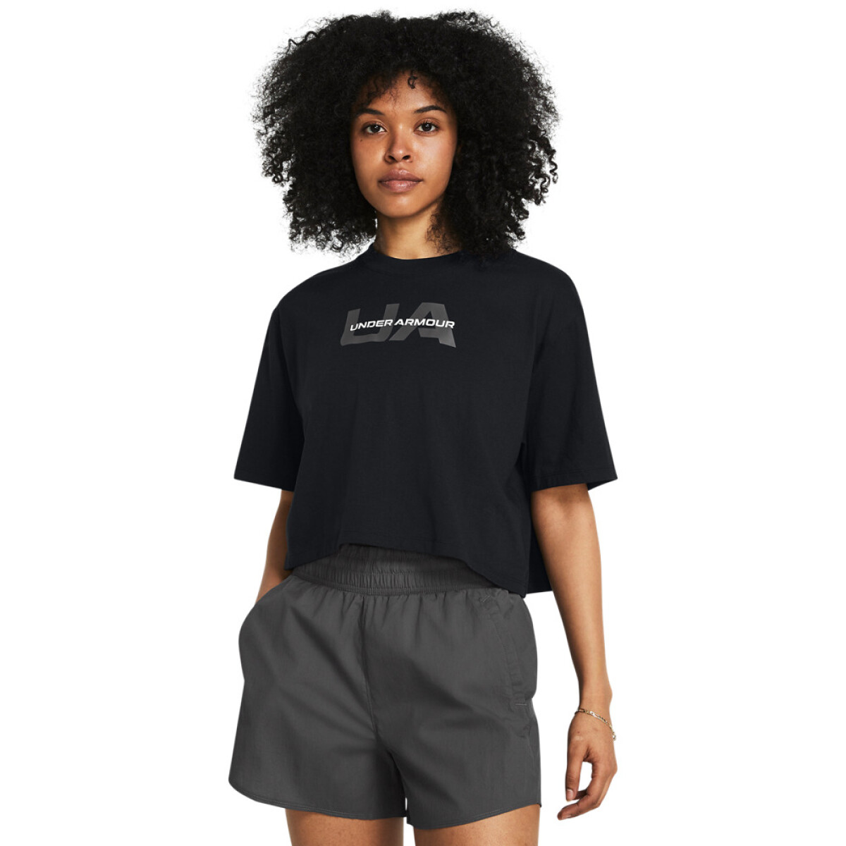 UA W BOXY CROP BRANDED SS-GRY - BLK-001 