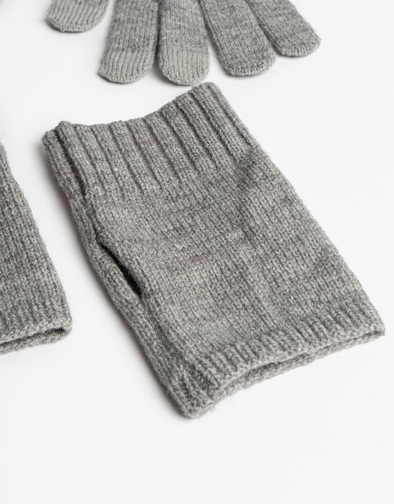 Guantes Tejidos Par De Guantes + Mitones - Gris Medio