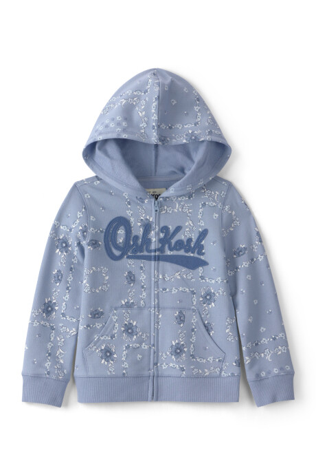 Campera de algodón, azul, con capucha y logo, diseño floral Campera de algodón, azul, con capucha y logo, diseño floral