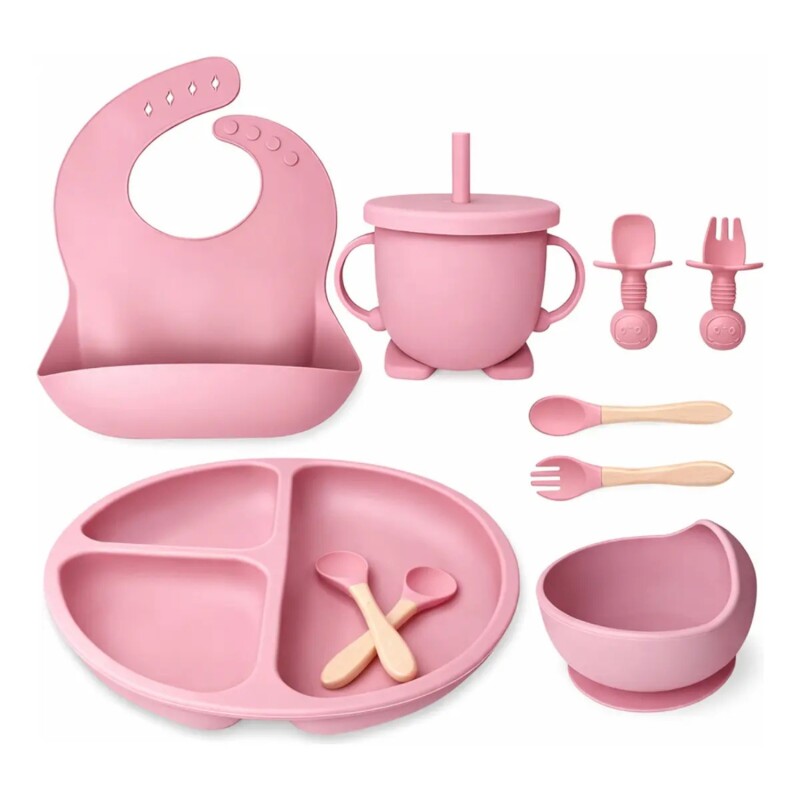 Set Alimentación Bebé en Silicona Libre Bpa 10 Piezas Rosa