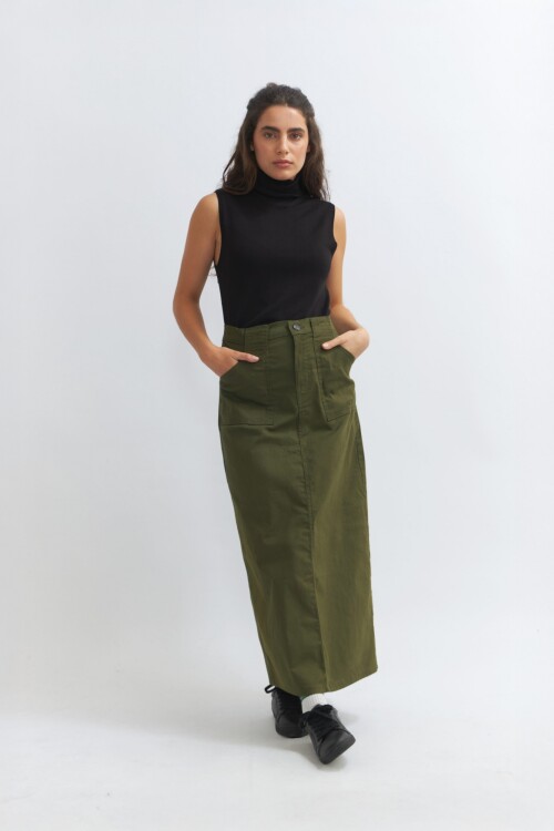 Falda midi de twill VERDE OLIVA