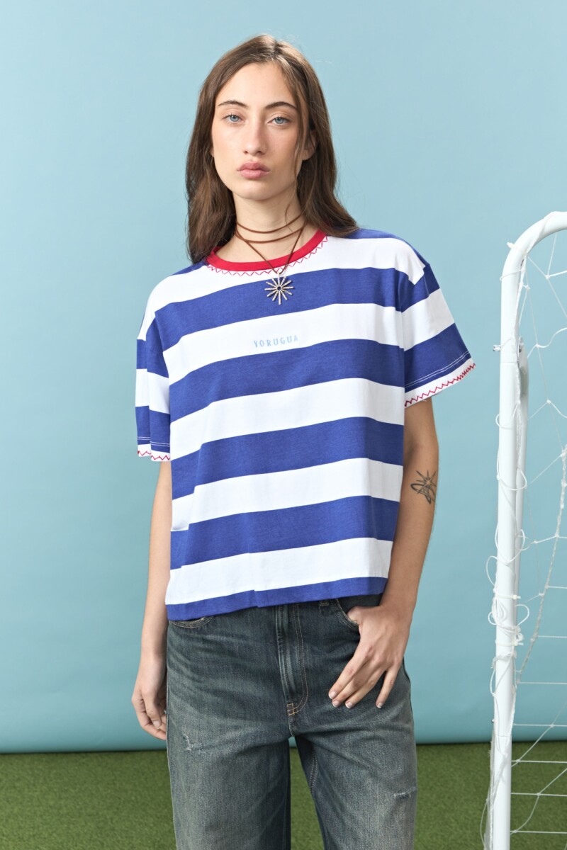 Remera rayada con bordado sol yorugua azul