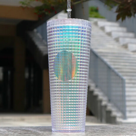 Vaso plástico diseño tornasol con tapa y sorbete – 720ml Blanco