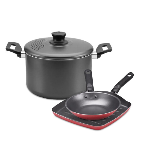 Set Sarten/Plancha Grill + Espaguetera Alta Antiadherentes Rojo