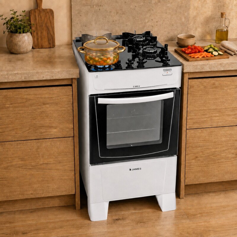 Cocina A Gas James 4 Hornallas Con Mesada De Vidrio Blanca C 690 V Cocina A Gas James 4 Hornallas Con Mesada De Vidrio Blanca C 690 V