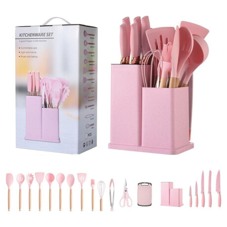 Set Cocina Menage 19Pz Utensillos Cuchillos Tabla c/Soporte Rosa