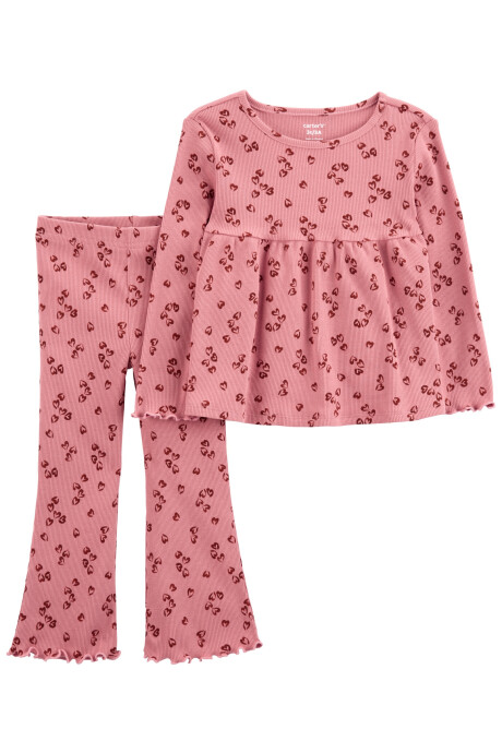 Set dos piezas de algodón acanalado, pantalón y blusa, diseño corazones Sin color
