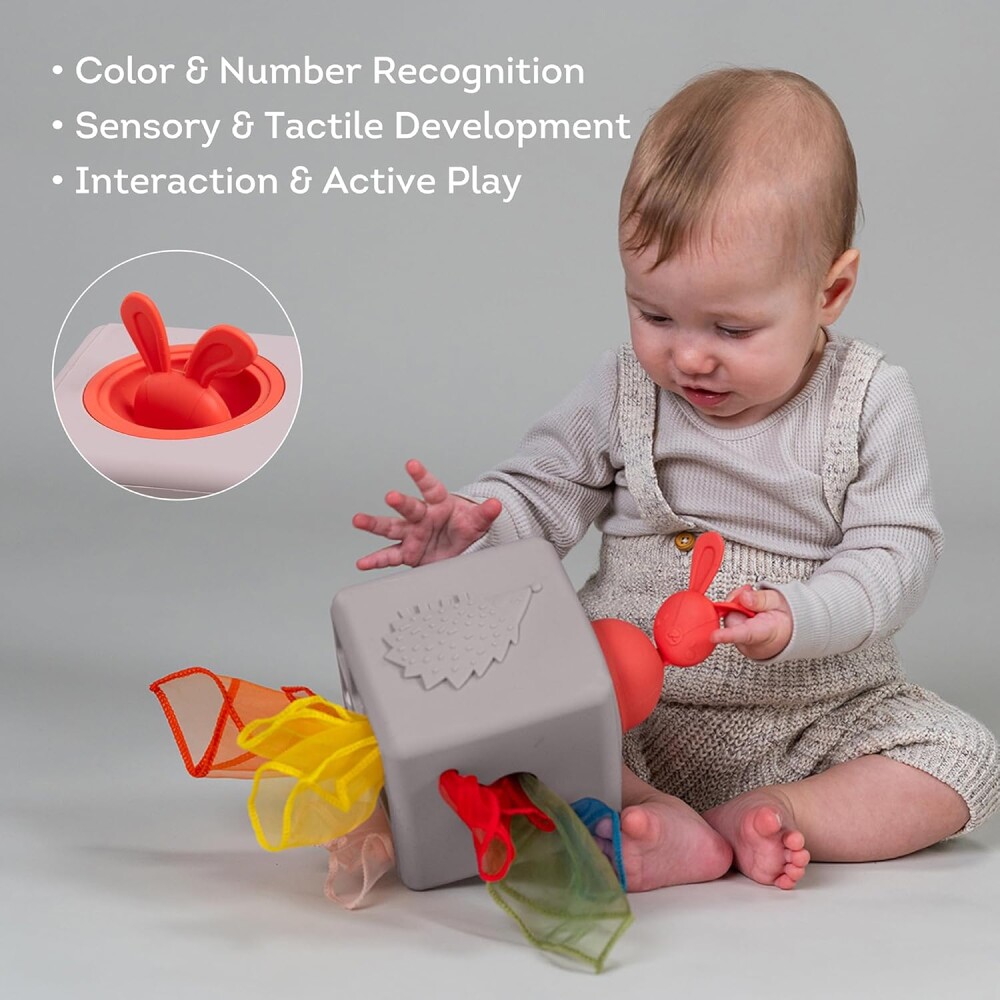 cubo de trapitos silicona Pop-up taf toys cubo de trapitos silicona Pop-up taf toys