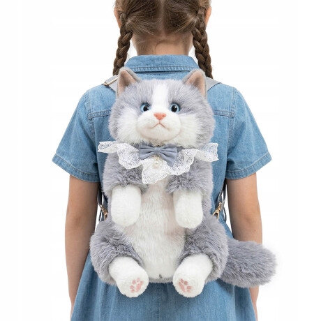 Mochila Peluche Gato Realista Bolso Animal Felpa Gris