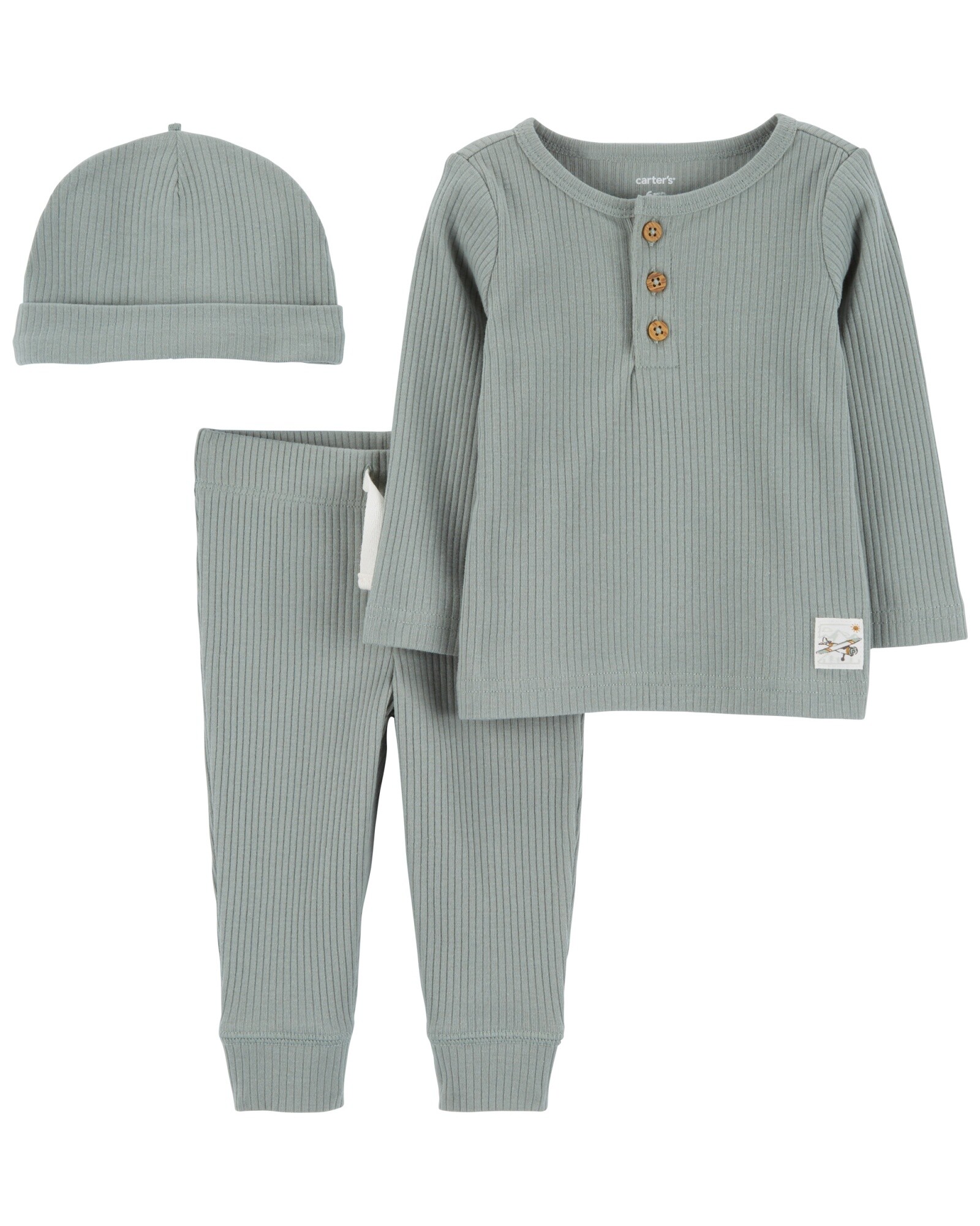 Set tres piezas de algodón térmico, pantalón, remera y gorro Sin color