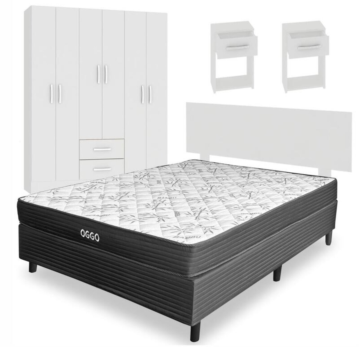 Combo Sommier Super Mega 2 Plazas Ropero 6 Puertas Con Perchero y Respaldo con Mesas de Luz - Blanco 