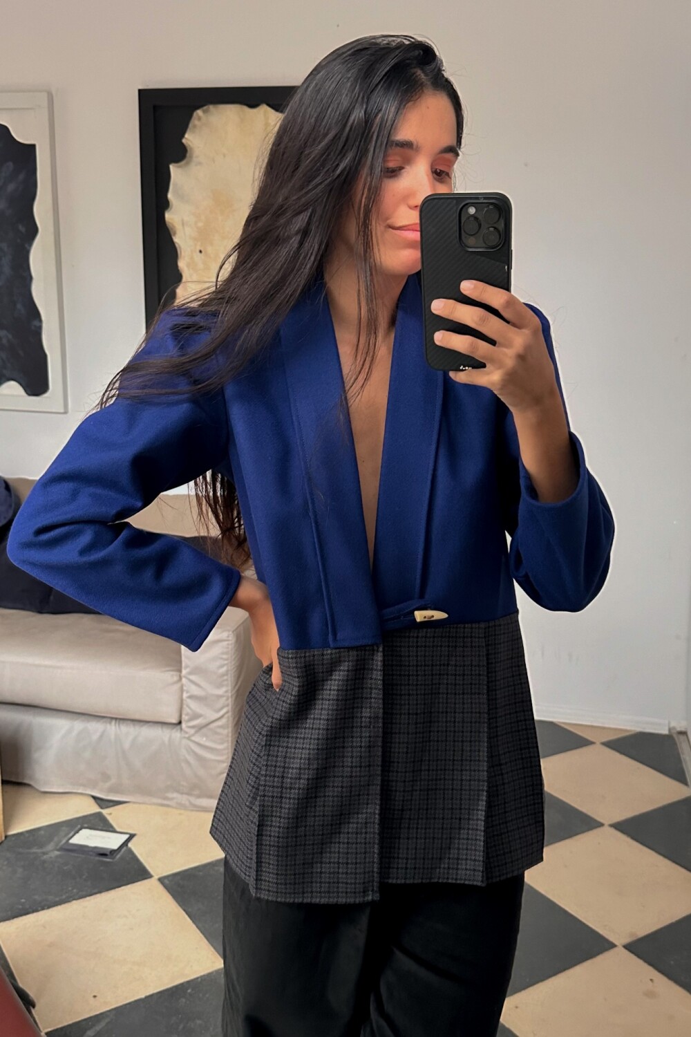 Blazer Office Lana Azul / Tweed Gris