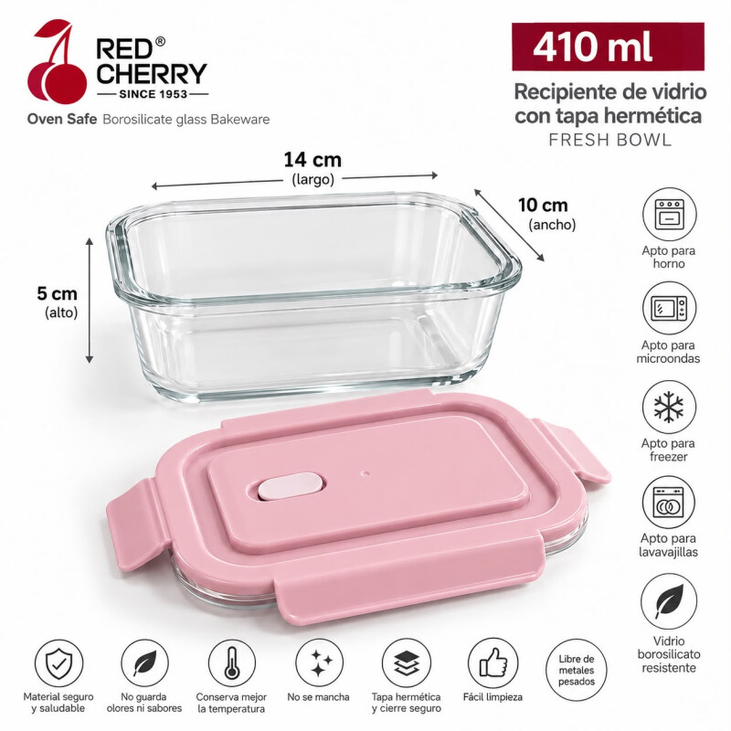 Recipiente Hermético Vidrio Borosilicato 410ml con Tapa Rosado