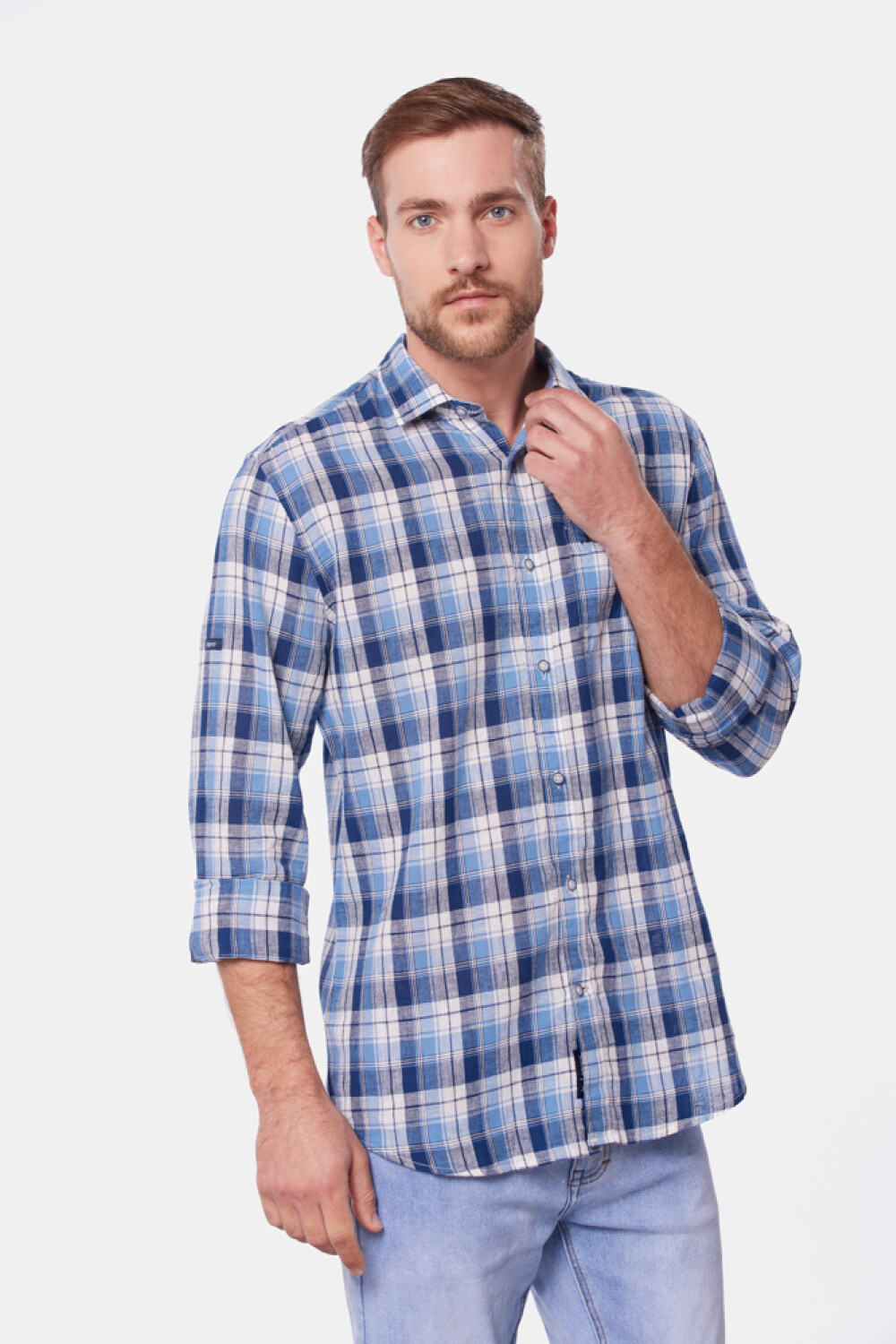 CAMISA DE LINO A CUADROS Azul