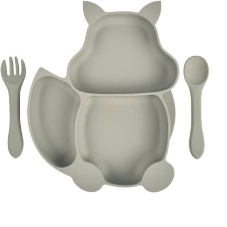 Set plato silicona ardilla con ventosa + cubiertos Gris