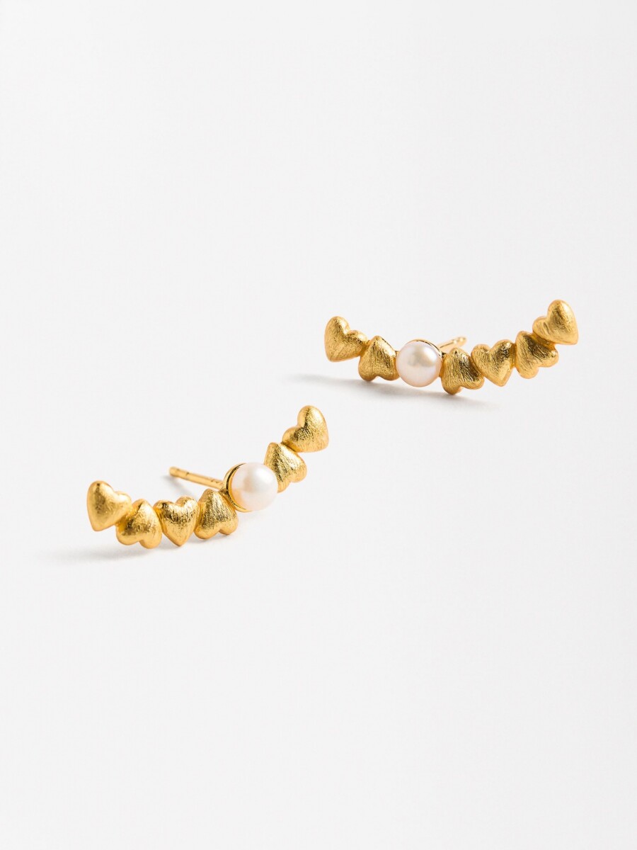 Pendientes Con Corazones Y Perlas De Agua Dulce - Plata De Ley 925 dorado