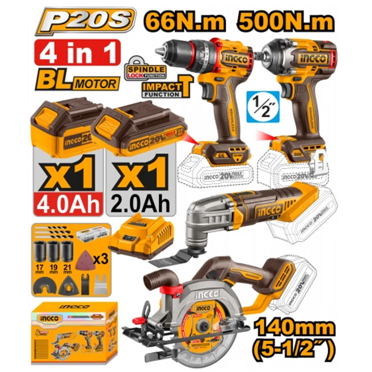 KIT A BATERIA P20S 20V 4 PCS BRUSHLESS MOTOR C/ 2 BATERIAS CARGADOR Y ACCESORI 