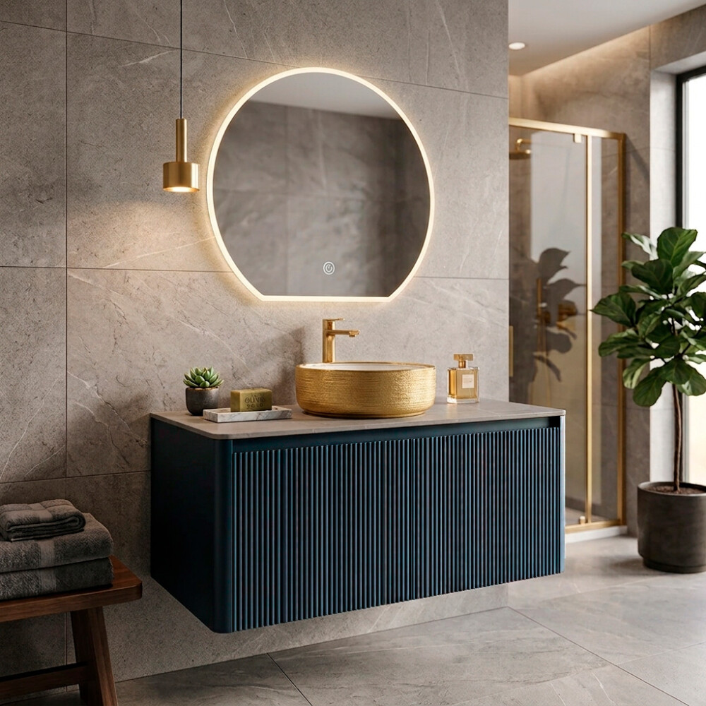 CONJUNTO DE BAÑO HABITARE MODELO SY1051-100 / MUEBLE + BACHA + ESPEJO CIRCULAR C/ LUZ LED 900*820 Conjunto De Baño Habitare Modelo Sy1051-100 / Mueble + Bacha + Espejo Circular C/ Luz Led 900*820