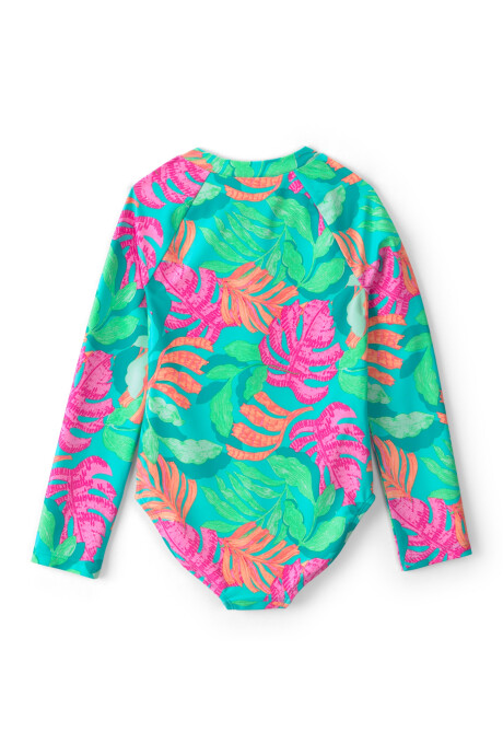 Malla de baño 1 pieza manga larga con protección UPF 50+, verde, diseño tropical Sin color
