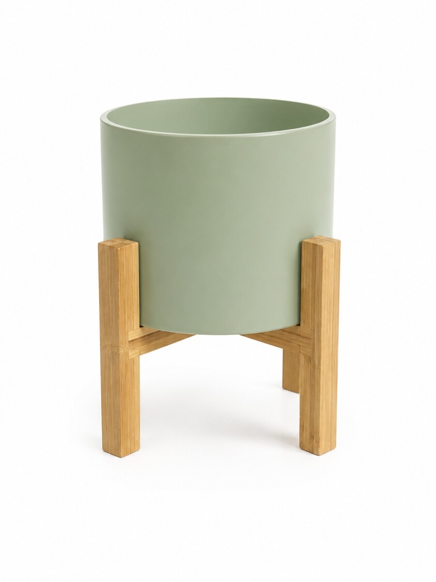 MACETA CERÁMICA M CON SOPORTE DE MADERA VERDE AGUA