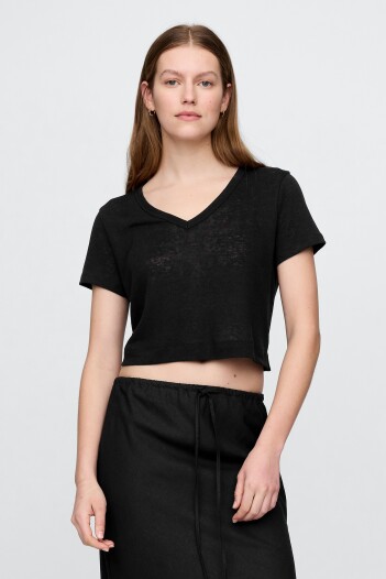 Remera Lino Crop Manga Corta Mujer Black