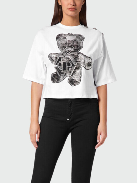 PHILIPP PLEIN - Camiseta corta con strass Oso Teddy Blanco