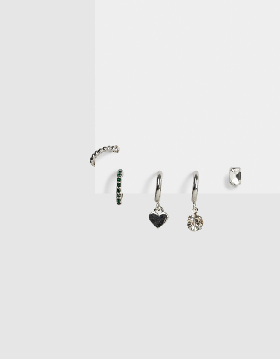 Set De Aros Con Strass Plateado 