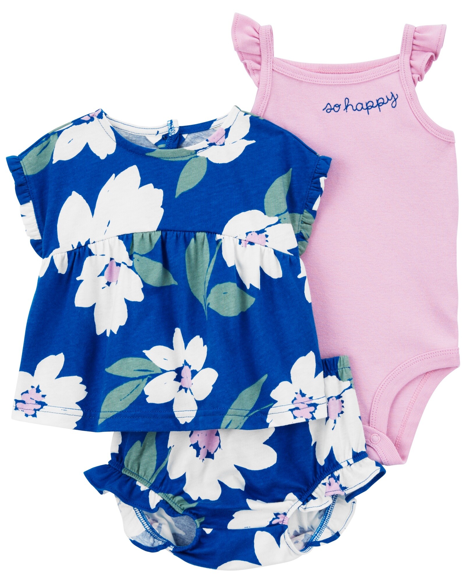 Set tres piezas de algodón, short, blusa y body diseño floral Sin color
