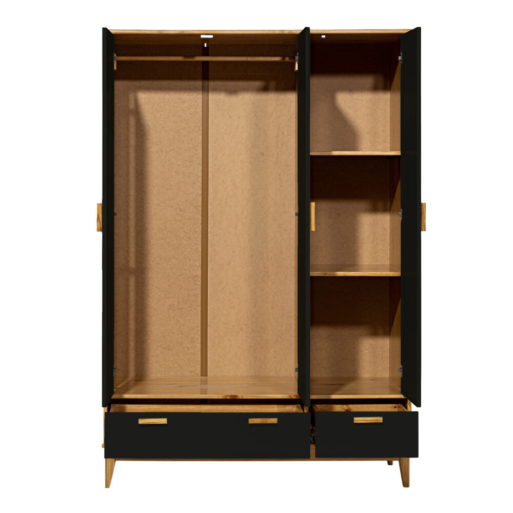 Ropero en madera maciza - 3 puertas 2 cajones Negro