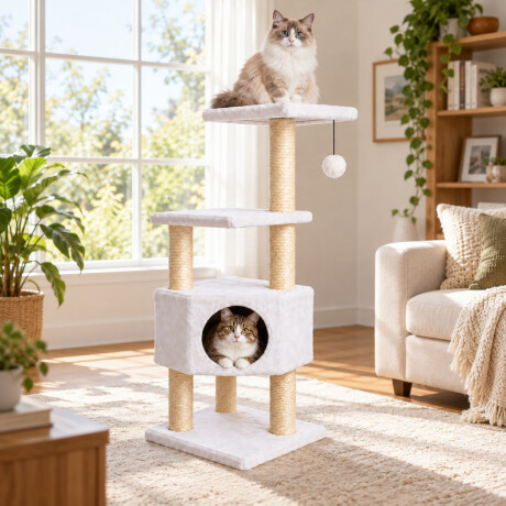 Rascador Para Gatos 4 Niveles 130cm Cueva Y Juguete Blanco