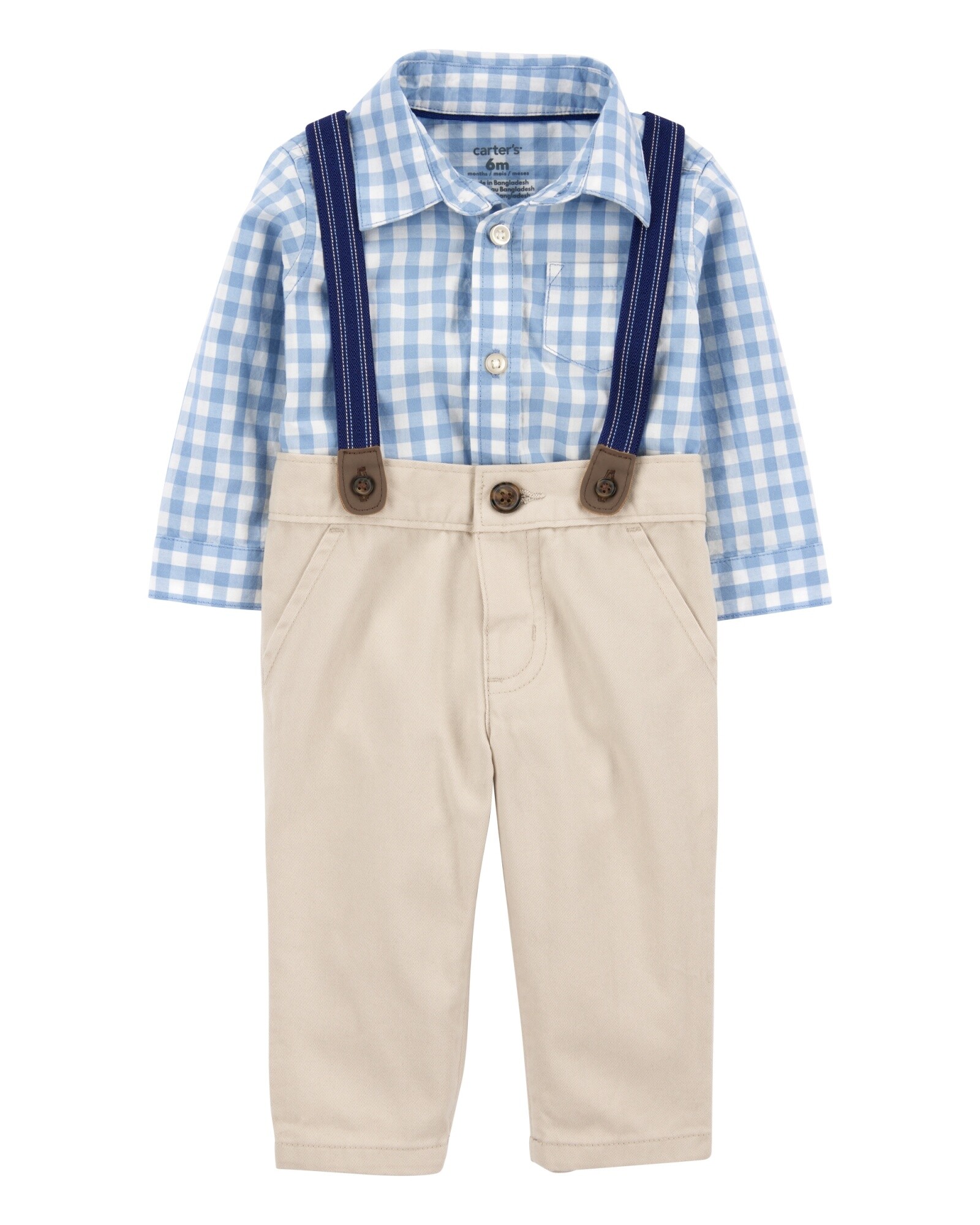 Set tres piezas de algodón, pantalón con tirantes y body camisa Sin color