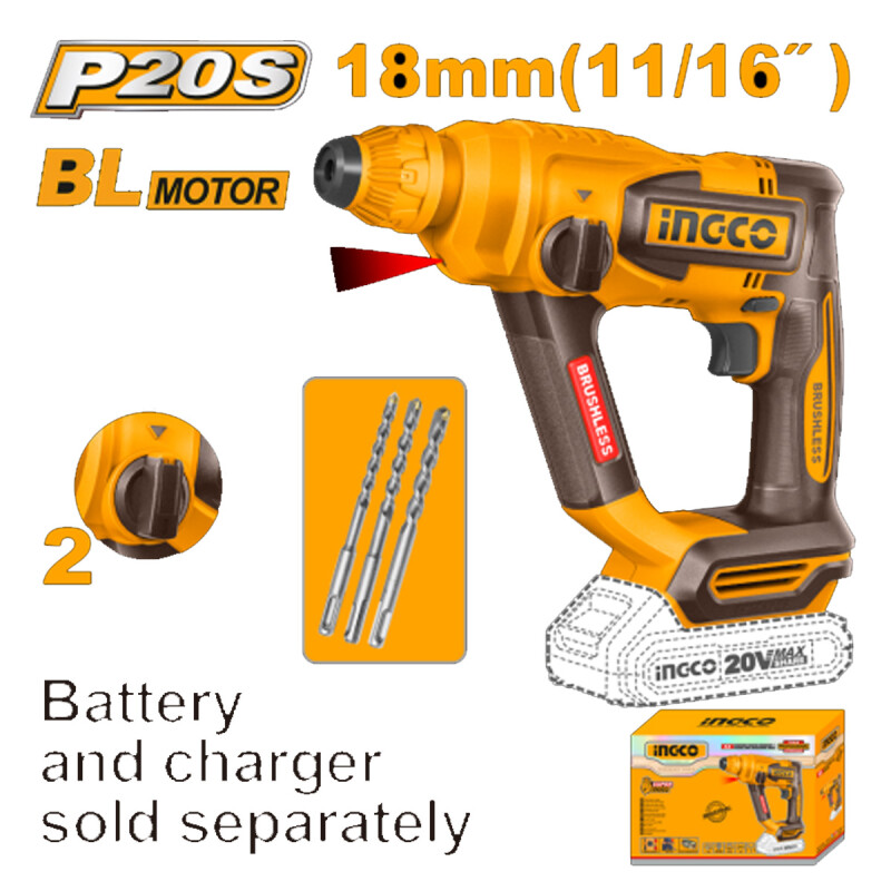 ROTOMARTILLO A BATERÍA 20V P20S SDS PLUS 1.8J + 3 MECHAS S/BAT Y S/CARGADOR INGC ROTOMARTILLO A BATERÍA 20V P20S SDS PLUS 1.8J + 3 MECHAS S/BAT Y S/CARGADOR INGC