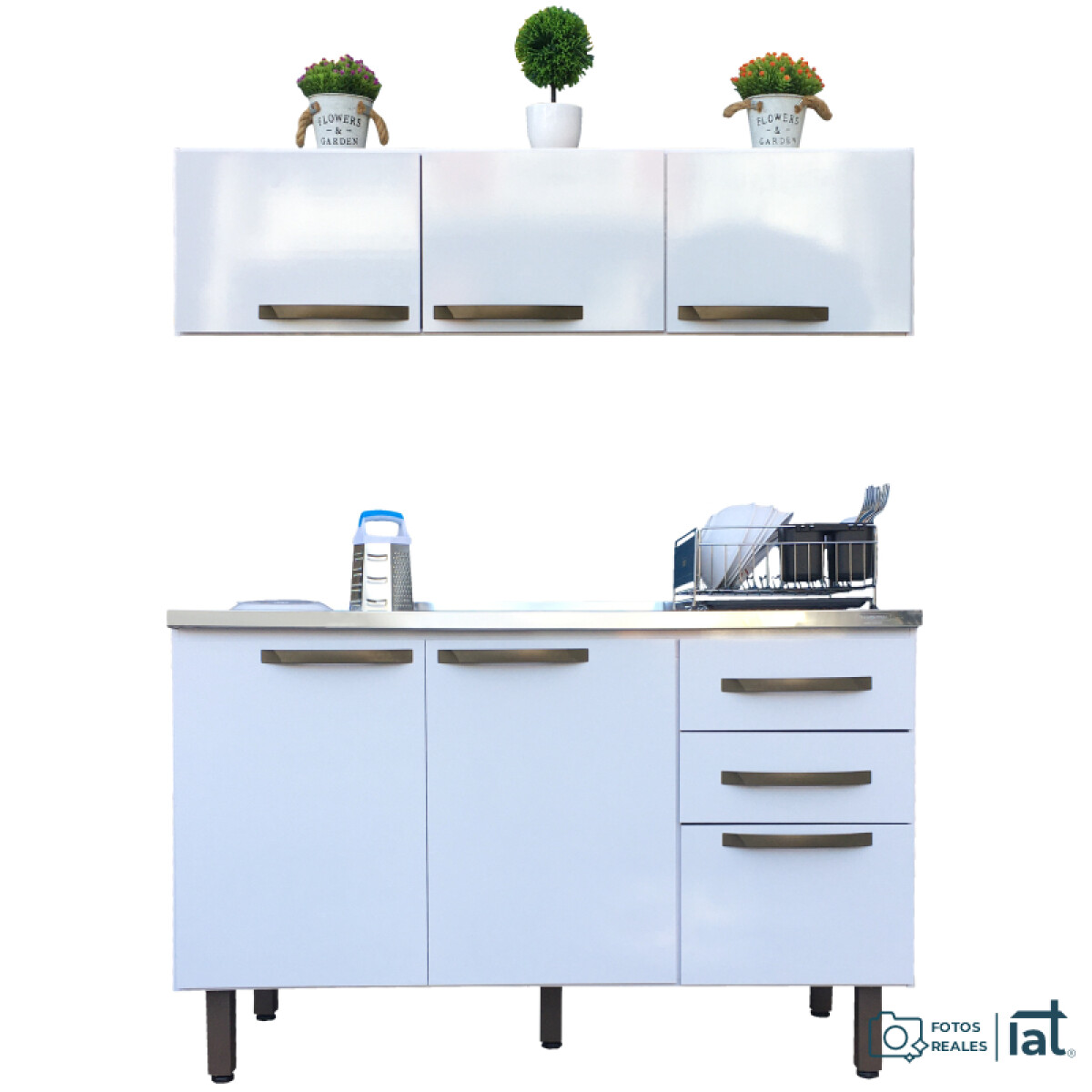 Bajo Mesada 3 Puertas 2 Cajones + Pileta Central Tramontina Acero Inoxidable + Aéreo 3 Puertas - Blanco 