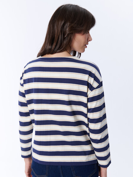 Remera Manga Larga Rayas Crudo Y Azul Marino